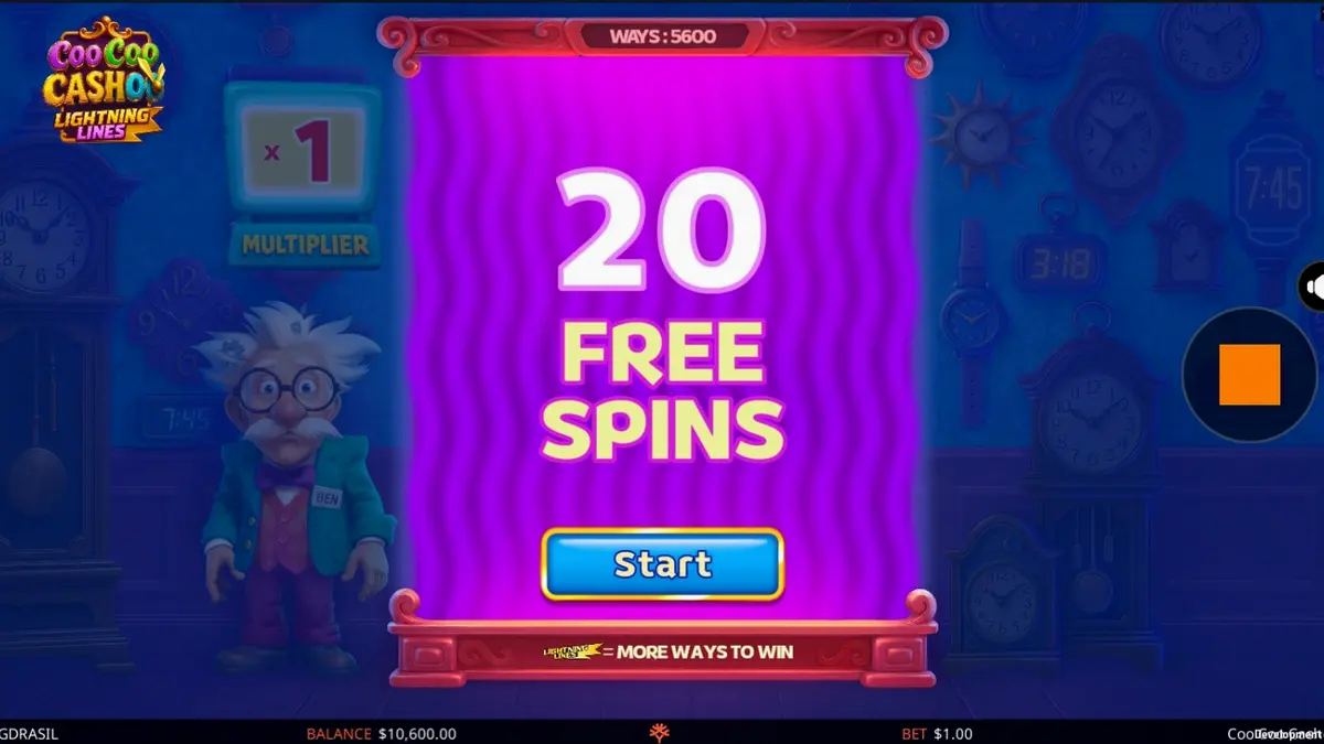Tampilan antarmuka seluler slot Coo Coo Cashoo dengan tema bengkel jam eksentrik.