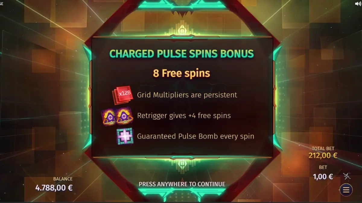 Tampilan antarmuka seluler slot Phantom Pulse dengan grid 7x7 dan elemen kosmik.