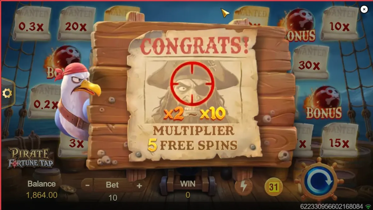 Kapal bajak laut di tengah laut dengan meriam siap menembak dalam Pirate Fortune Tap